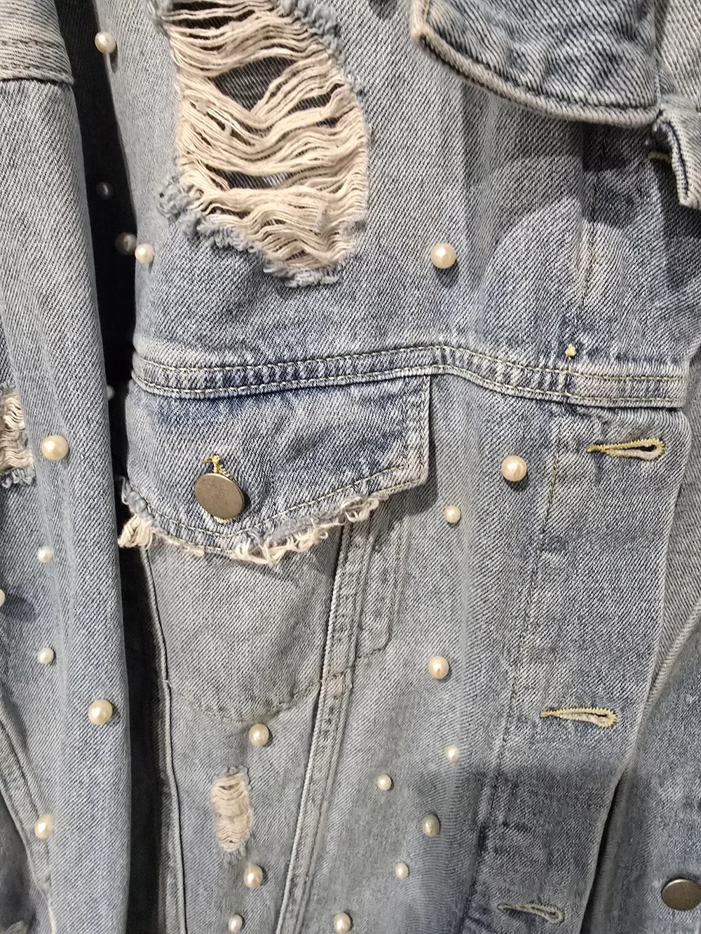 Free People Light Blue Pearl-Embellished Distressed Denim Jacket - Picture 2 of 5